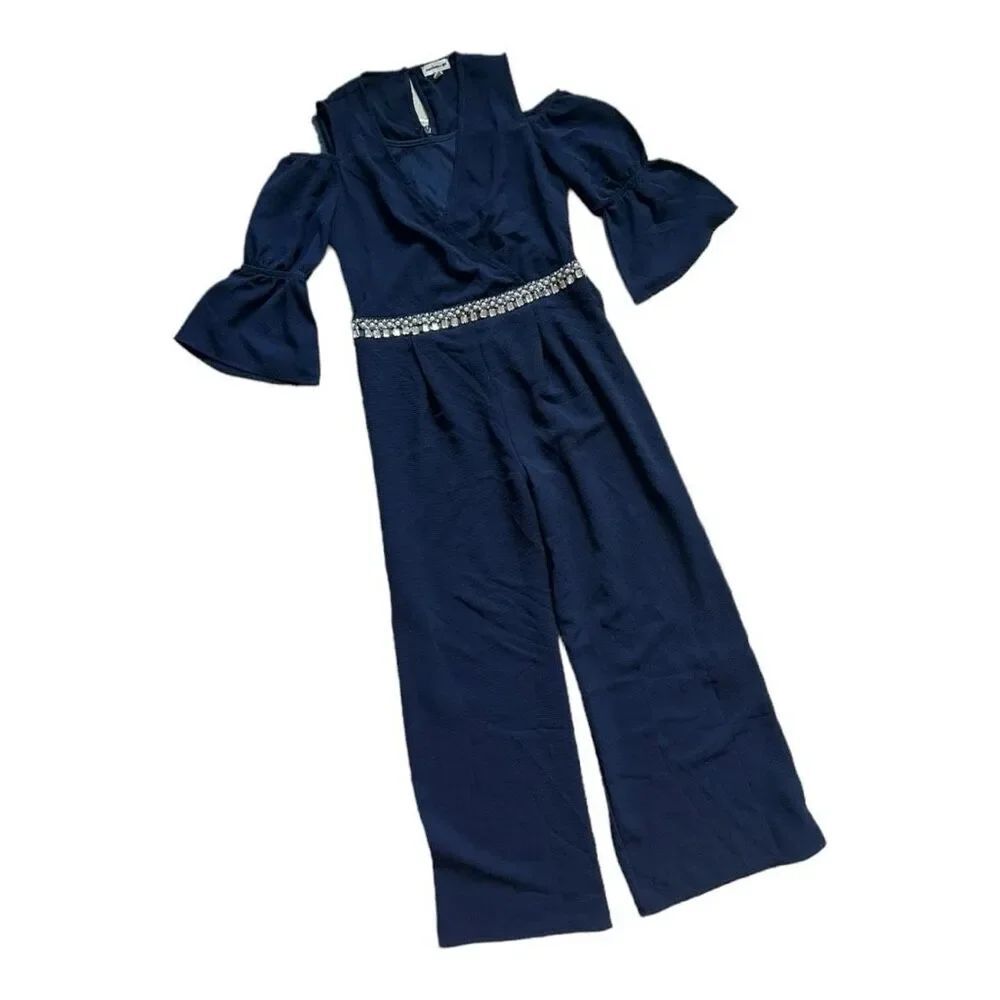 Youth Monteau Girls Navy Blue Embellishment Waist Cold Shoulder Jumpsuit - Sz L